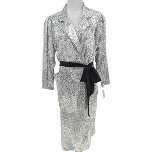 VTG 80s Taurus II Wrap Dress 14P White Black Abstract Floral Satin Retro Glam